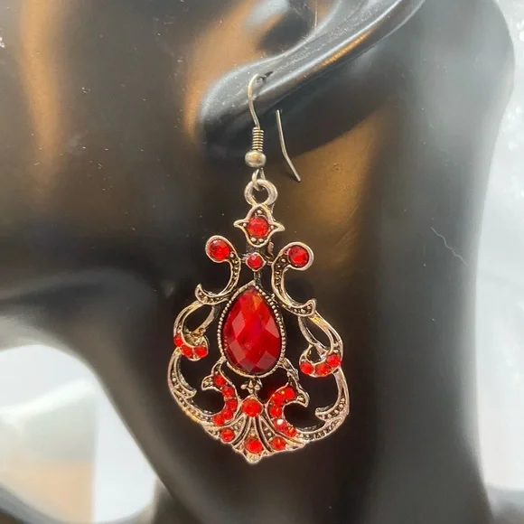bling ruby red chandelier earrings, costume, fish hook, new. - Picture 2 of 5